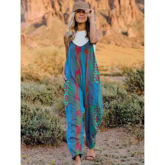 Full Size Printed V-Neck Sleeveless Jumpsuit - Picture 3 of 15